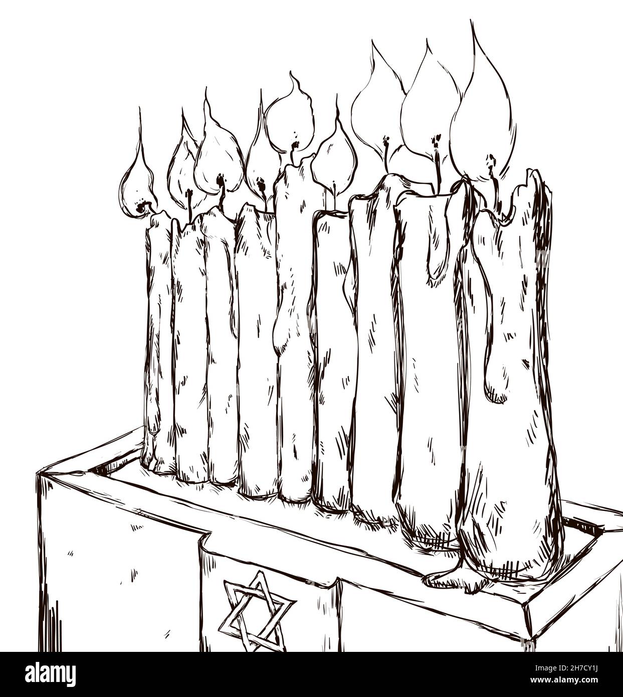 Dessin dessiné à la main de neuf bougies allumées sur un piédestal avec le symbole de l'étoile de David, comme un chanukiah. Illustration de Vecteur