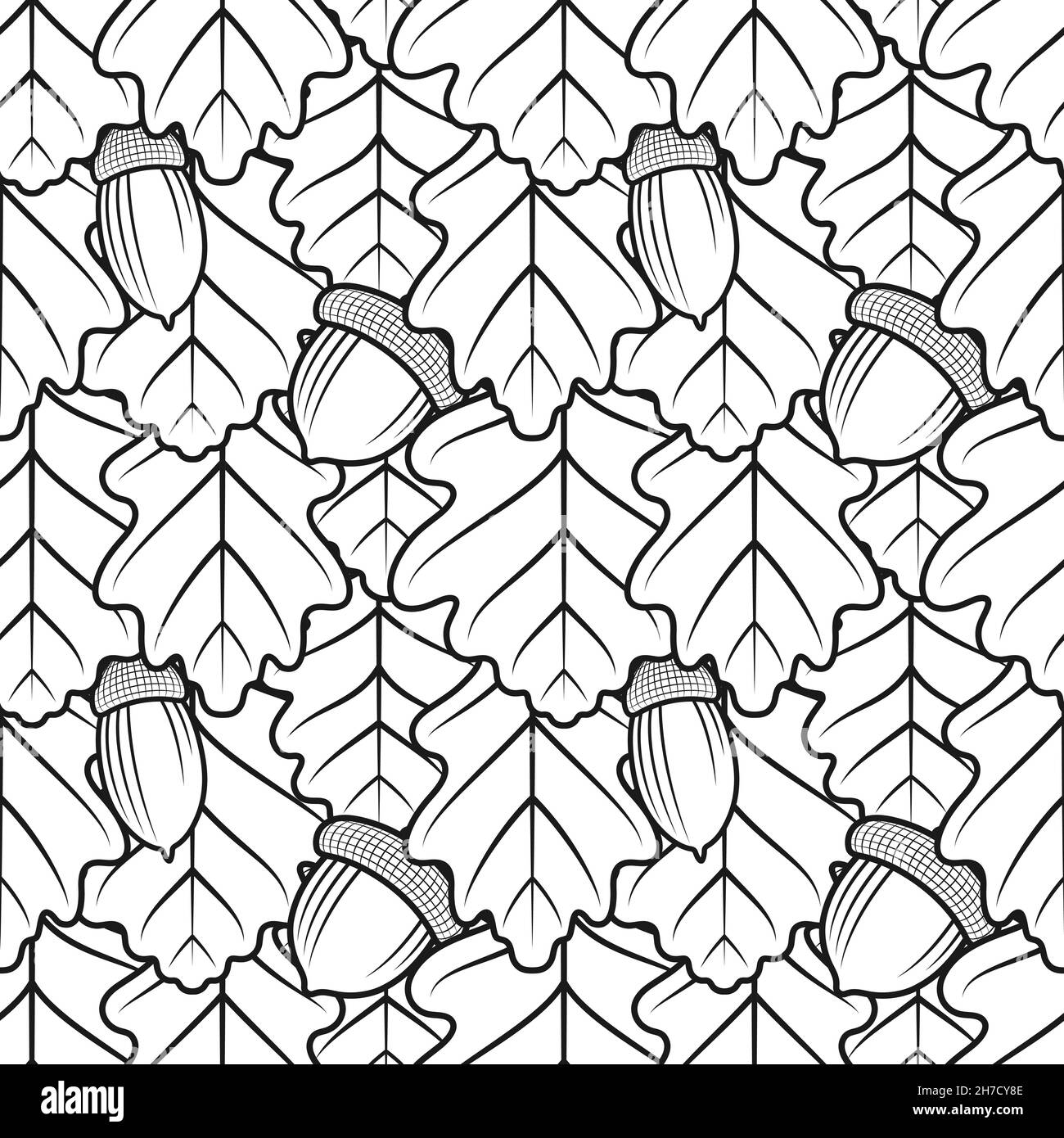 Motif noir et blanc sans couture avec feuilles et glands en chêne.Arrière-plan vectoriel. Illustration de Vecteur