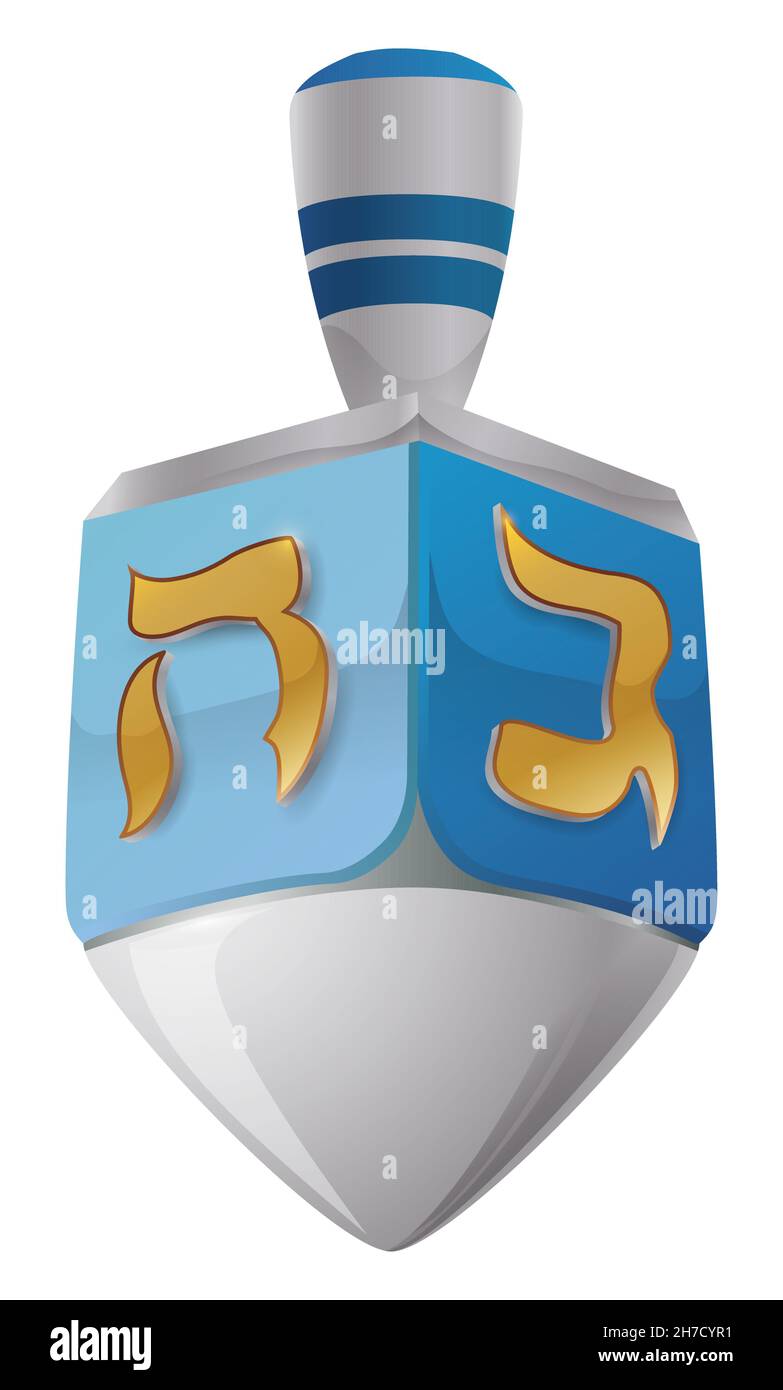 Le dreidel argenté -jouet tournant pour les jeux Hanoukkah- avec des visages bleus et des lettres hébraïques dorées.Isolé sur fond blanc. Illustration de Vecteur