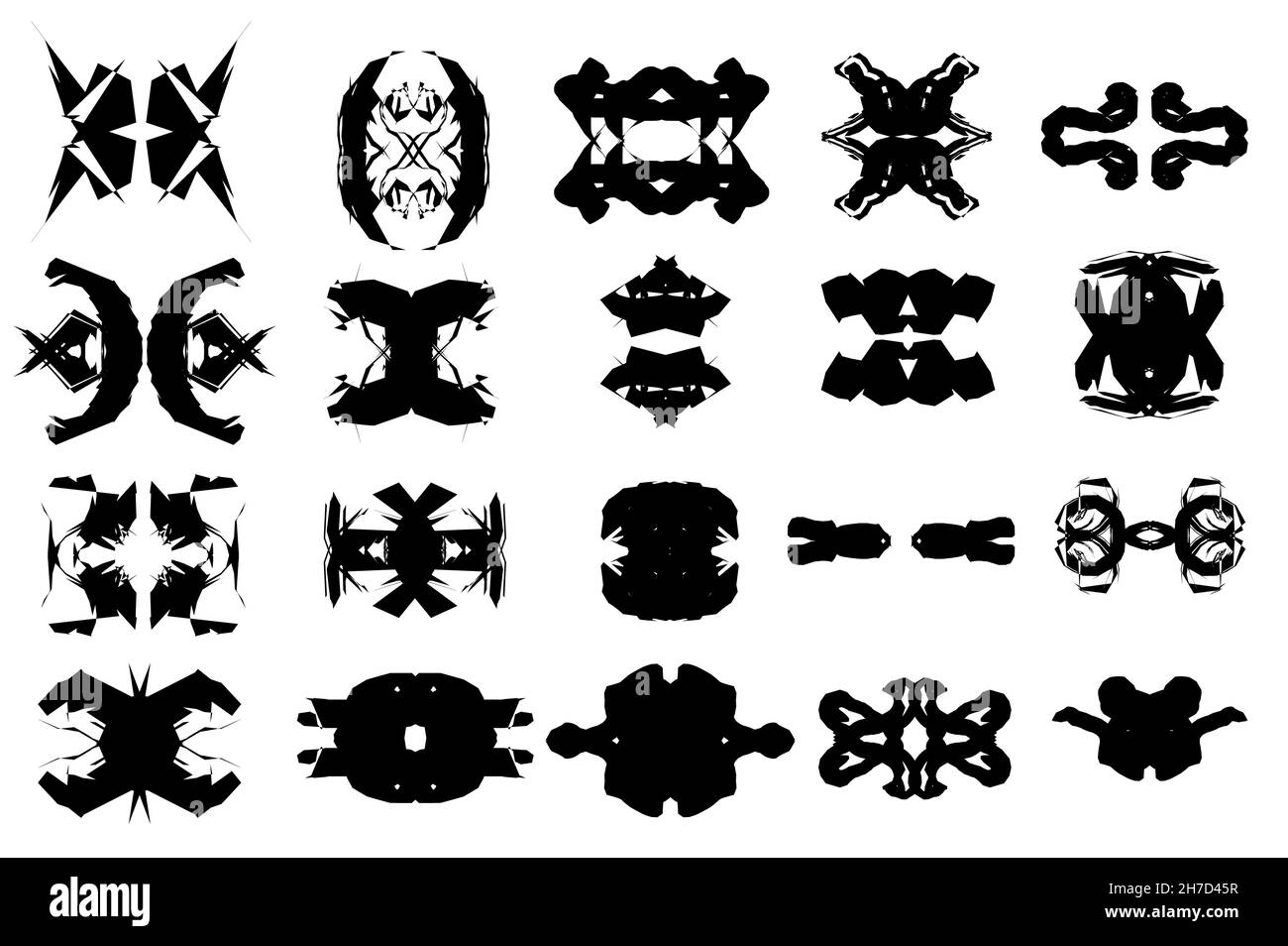 Ensemble de formes vectorielles noir et blanc complexes, icônes symétriques contours isolés sur fond blanc Banque D'Images