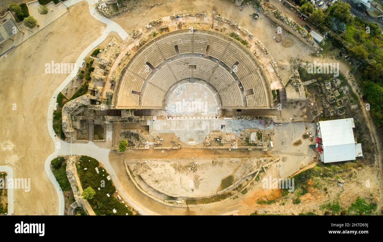 Photographie aérienne de l'amphithéâtre de Césarée, Israël Banque D'Images