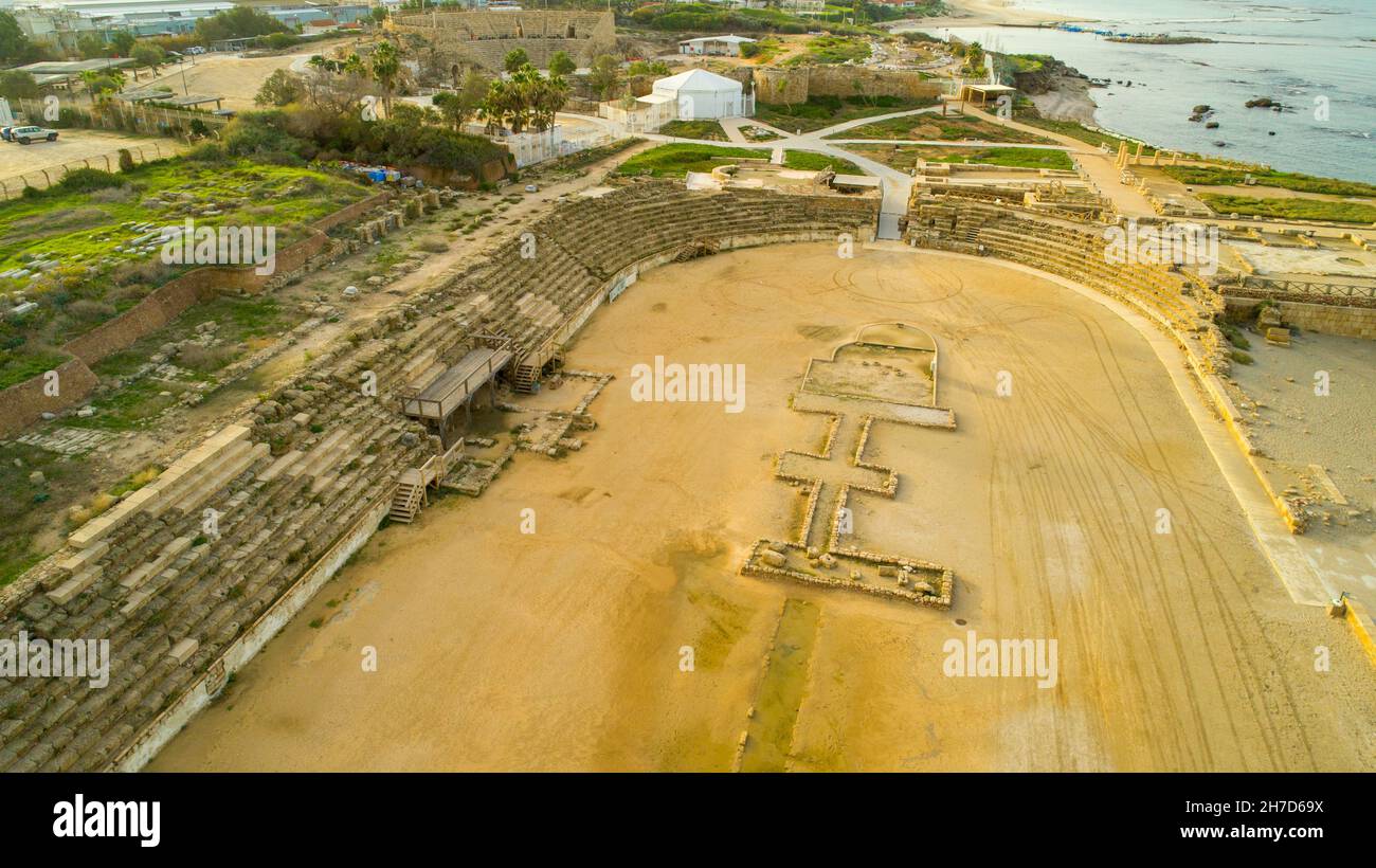 Photographie aérienne de l'hippodrome de Caesarea, Israël Banque D'Images