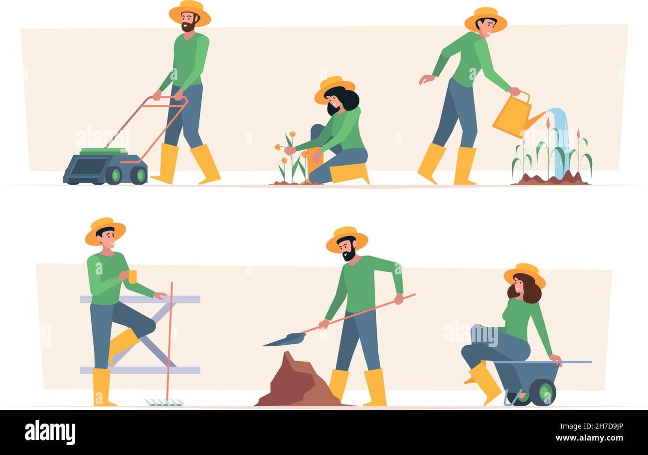 Agriculteurs.Travailleurs de village en plein air personnes avec des plantes de jardin agricole plat garish vecteur illustrations ensemble isolé Illustration de Vecteur