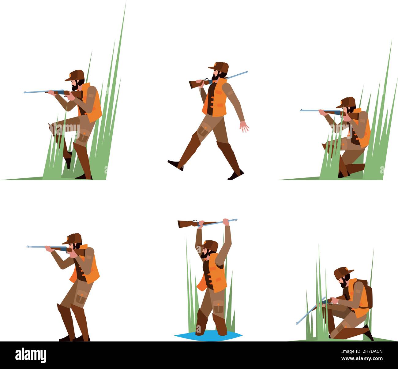 Chasseur.Rifleman dans diverses poses sniper avec l'armure chasseur armes de guerrier pour le tir animal garish vecteur caractères plats Illustration de Vecteur