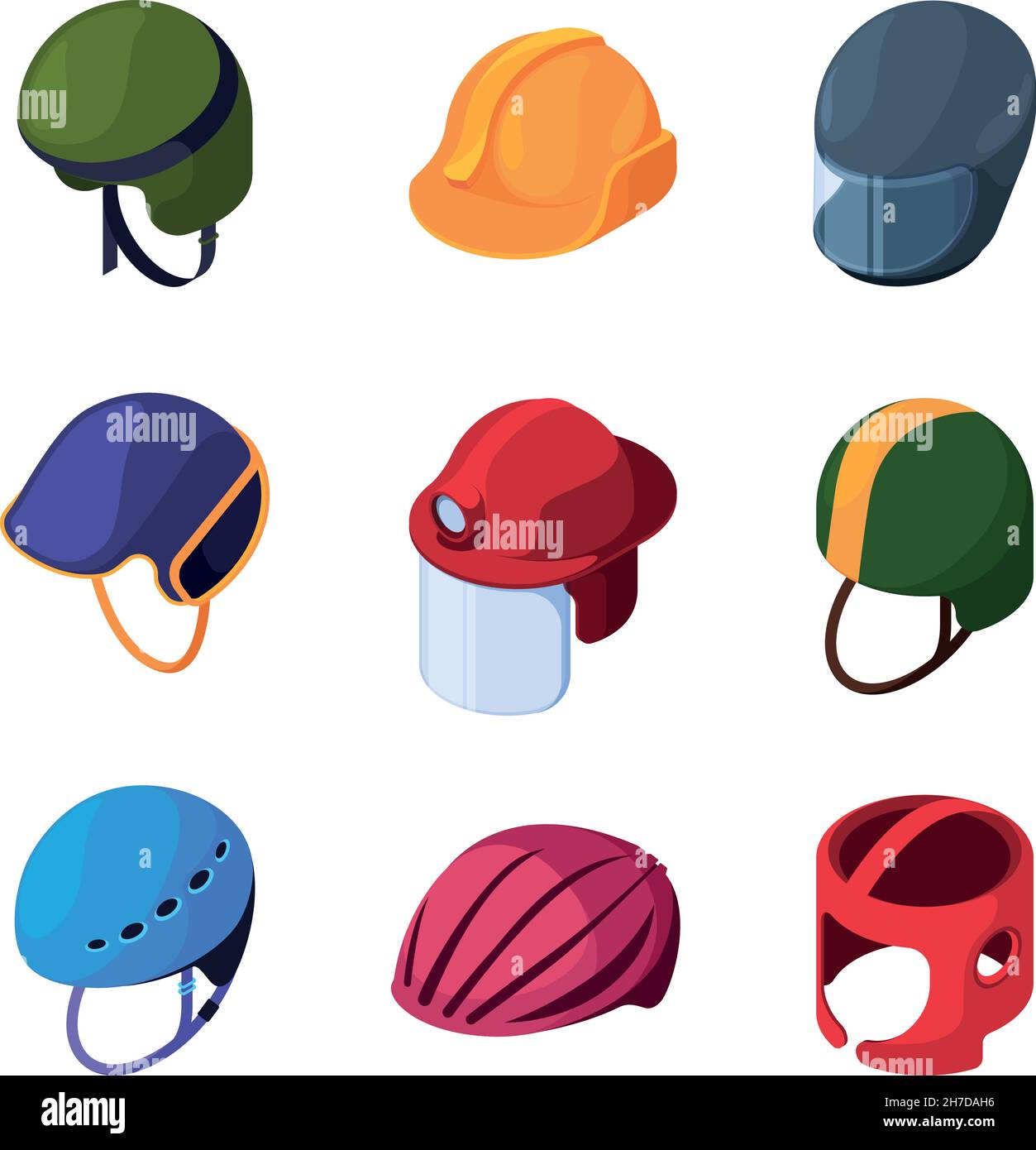 Casques de protection.Moto plongée travailleurs casquettes de sécurité astronautes casques colorés professionnels chapeaux garish vecteur isométriques images ensemble Illustration de Vecteur