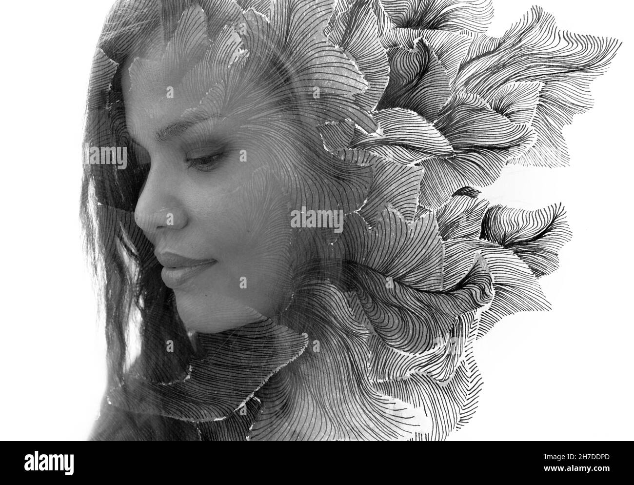 Peinture.Abstrait peinture à l'encre expressive combinée à un portrait de profil d'une femme asiatique Banque D'Images