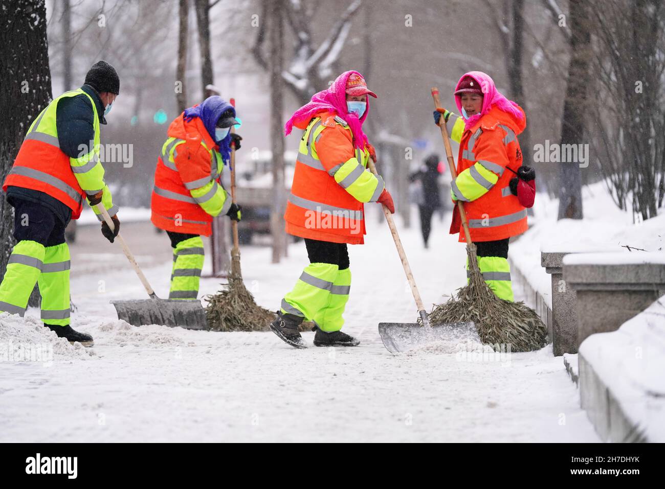 (211122) -- HARBIN, le 22 novembre 2021 (Xinhua) -- les travailleurs de l'assainissement déneigement d'une rue de Harbin City, dans la province de Heilongjiang, au nord-est de la Chine, le 22 novembre 2021.De fortes chutes de neige ont récemment frappé de nombreuses parties du Heilongjiang.Les membres du personnel de divers secteurs brachent des rafales et des flocons de neige pour assurer la disponibilité normale des services publics essentiels.(Xinhua/Wang Jianwei) Banque D'Images