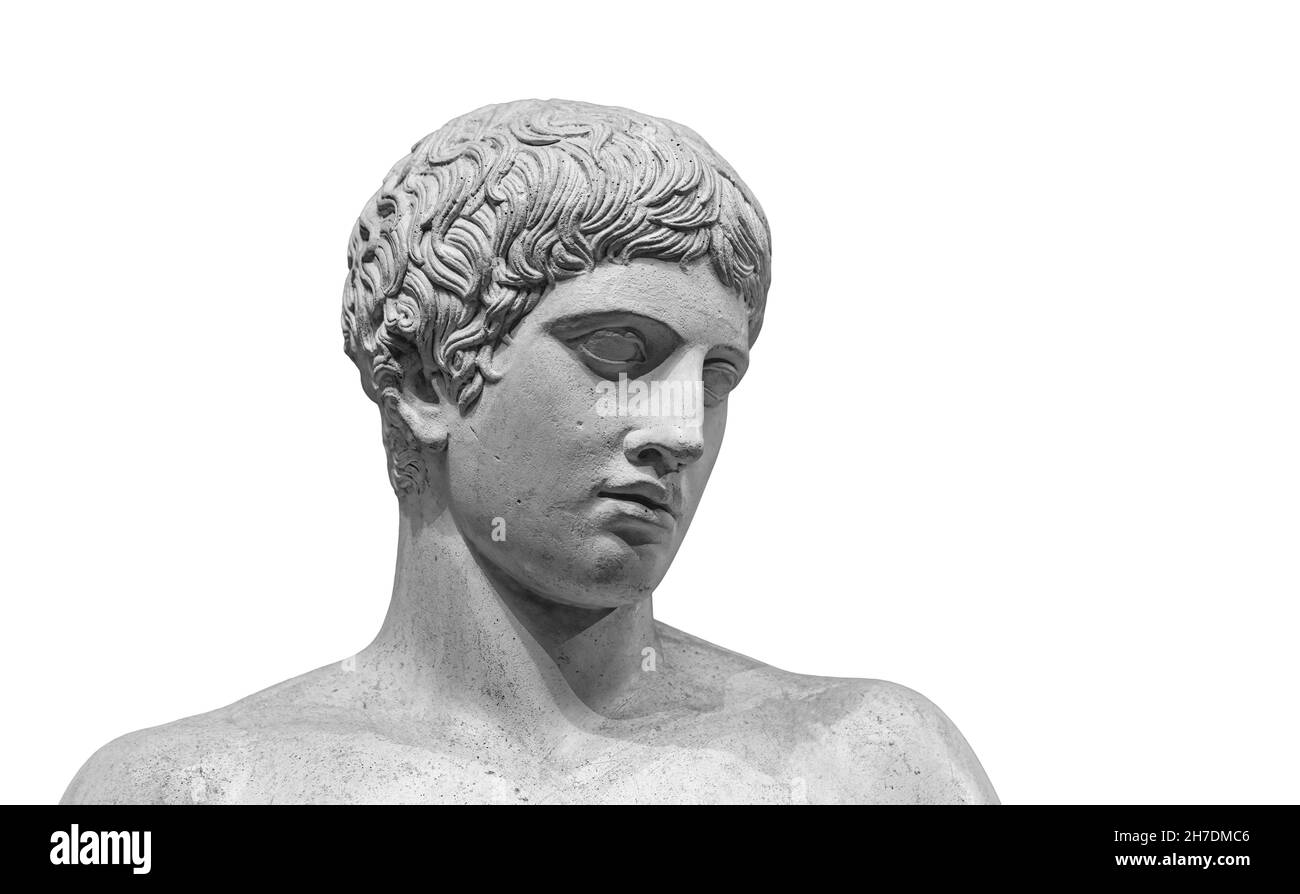 La statue de Doryphoros.Copie en marbre romain de l'ancienne statue classique grecque contraposto isolée sur fond blanc. Banque D'Images