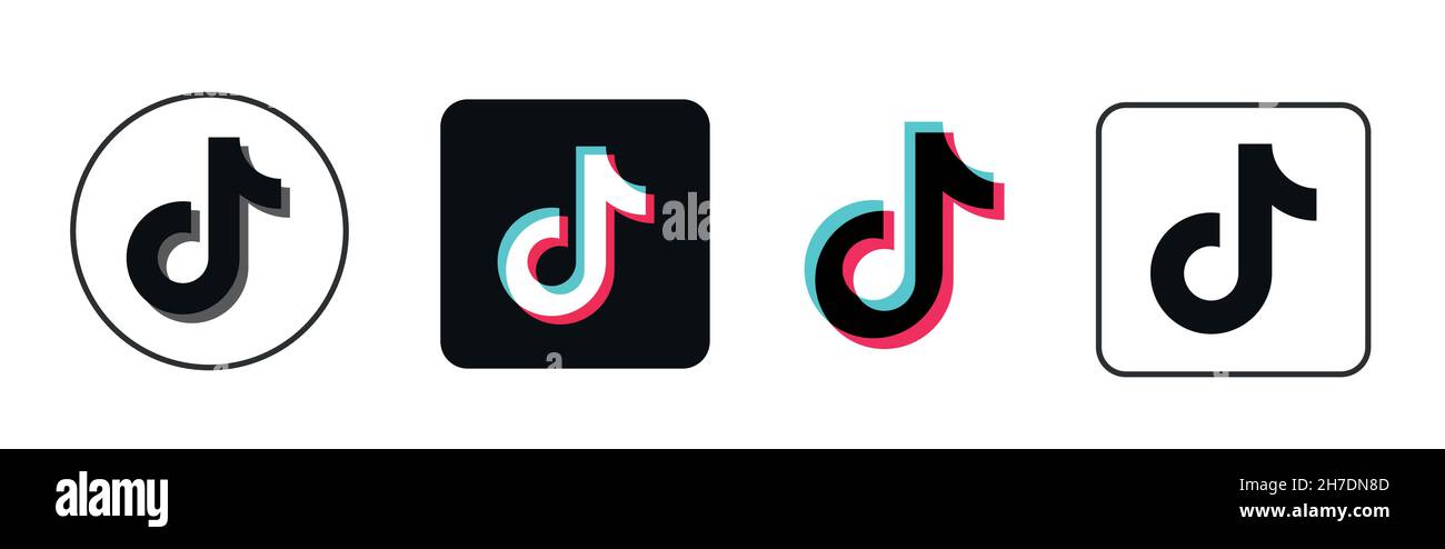 Kiev, Ukraine - 8 novembre 2021: Icônes de vecteur TikTok.Ensemble de panneaux plats isolés sur fond blanc et noir.Logo des médias sociaux. Illustration de Vecteur