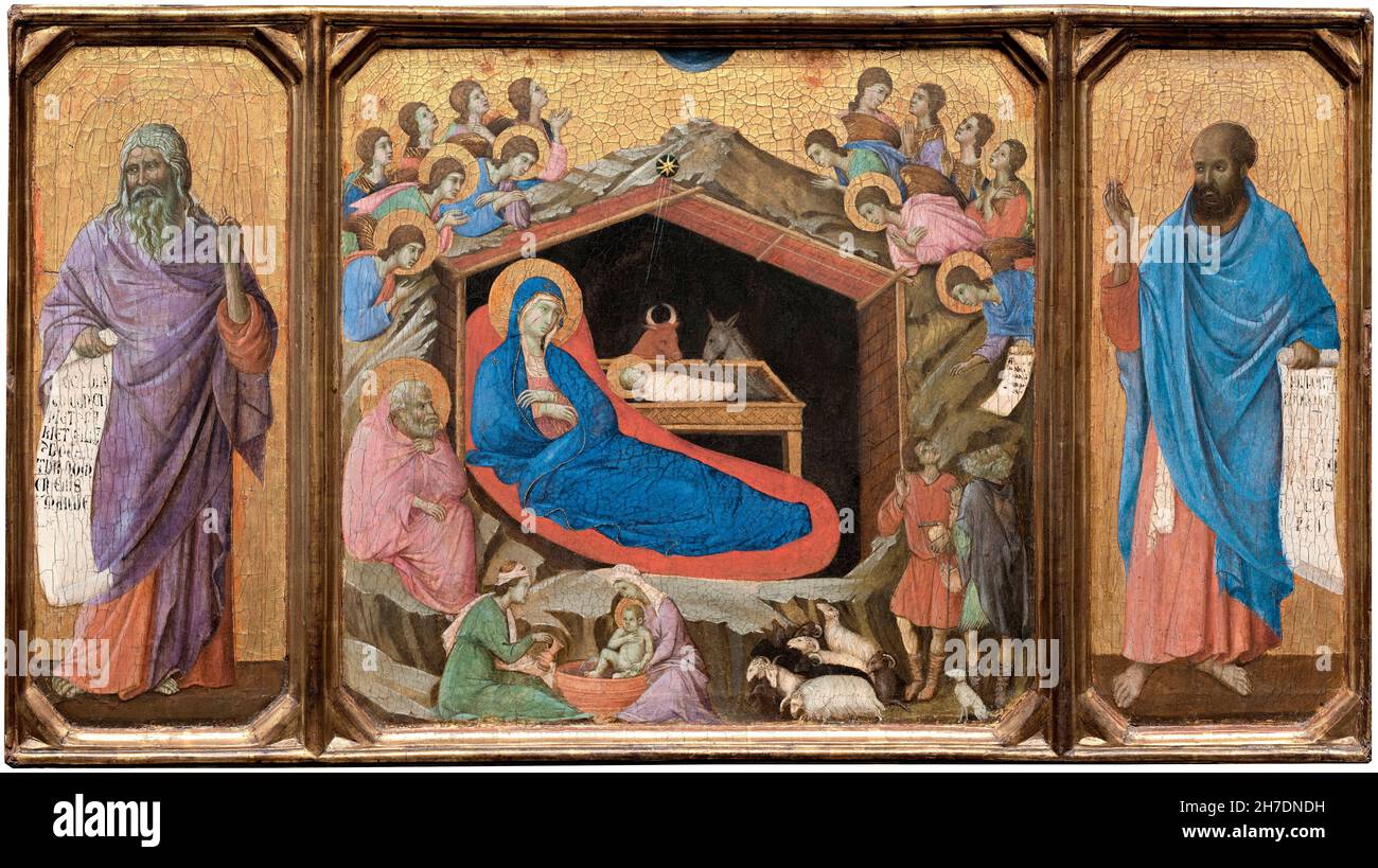 La Nativité avec les prophètes Ésaïe et Ézéchiel, peinture de Duccio di Buoninsegna, 1308-1311 Banque D'Images