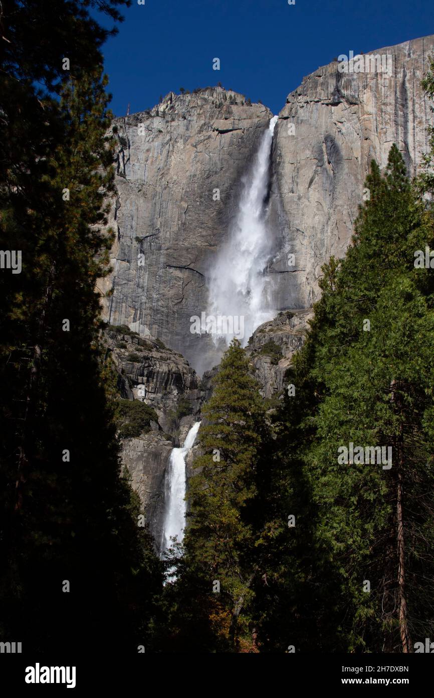 Parc national de Yosemite, chutes de Yosemite supérieur et inférieur, automne, ruissellement des précipitations, vue emblématique, Sierra Nevada,CA, ÉTATS-UNIS. Banque D'Images