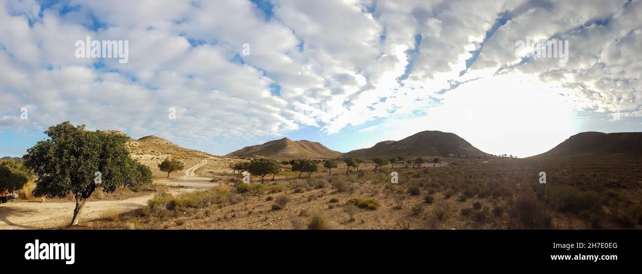 Paysage sec dans le parc naturel de Cabo de Gata Níjar, dans le sud de l'Espagne, au bord de la mer Méditerranée Banque D'Images