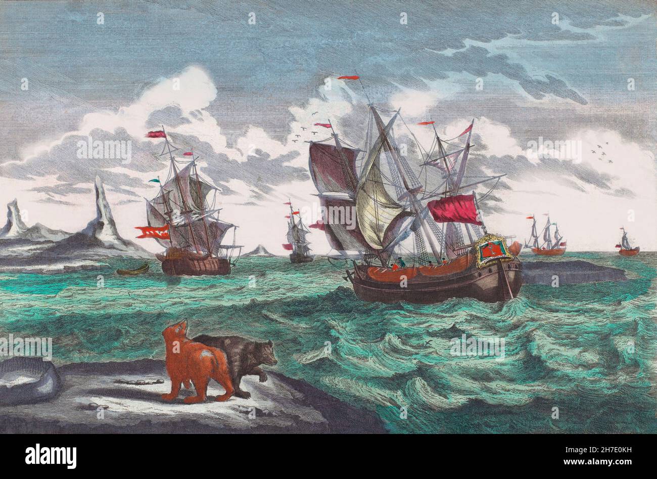 Flottille de pêche à la baleine au large du Groenland au XVIIIe siècle.Après une œuvre de Sieuwert van der Meulen. Banque D'Images