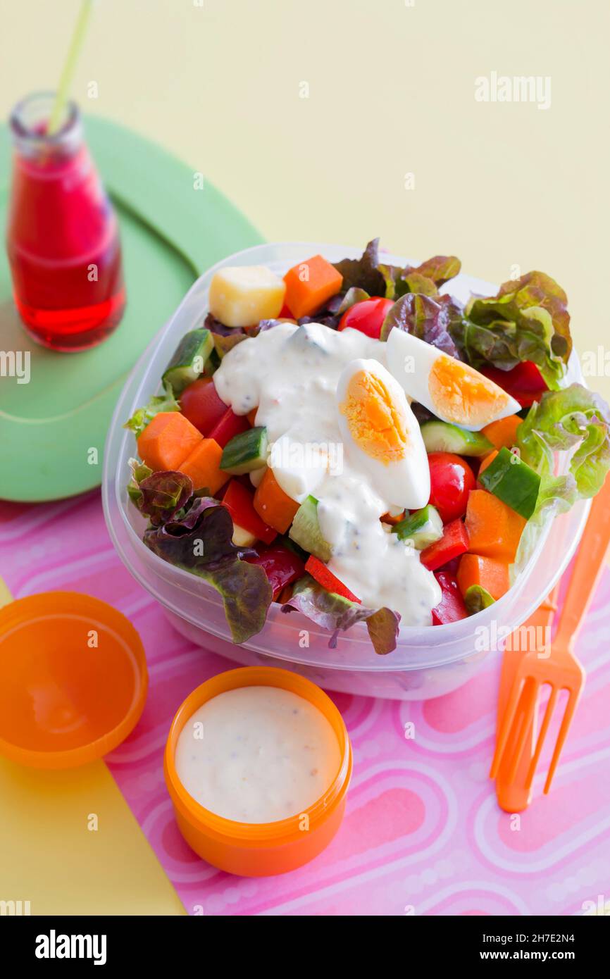 Salade de légumes avec sauce au yaourt et œuf dur Banque D'Images