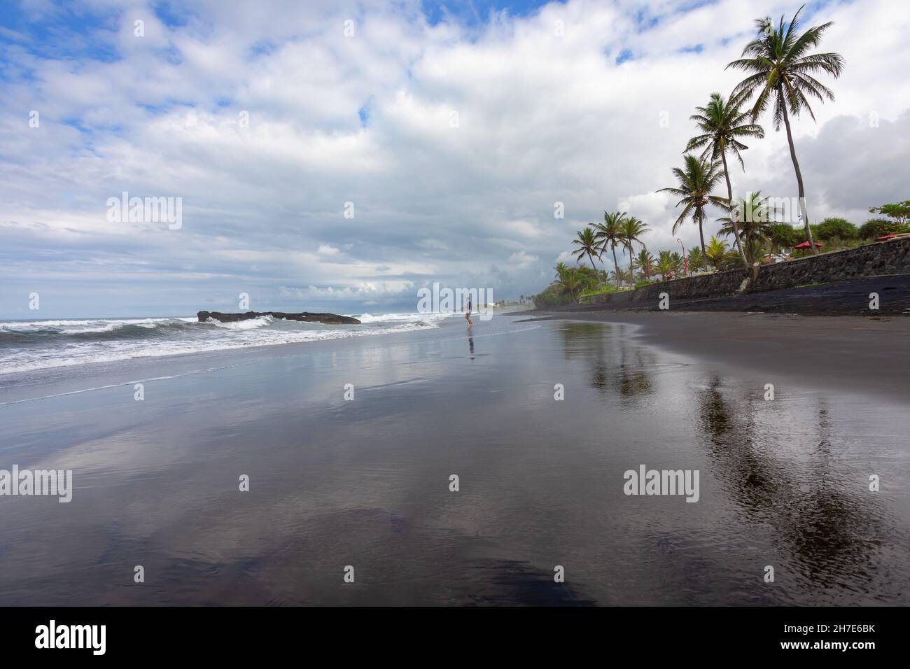 Plage colorée sur l'océan.Magnifique paysage de plage avec des vagues calmes et une plage de sable et de palmiers.Paysage tropical vide, horizon avec vue panoramique sur la côte. Banque D'Images