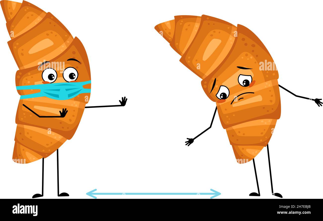 Mignon croissant caractère avec des émotions tristes, le visage et le masque garder la distance, les bras et les jambes.Personne de cuisson, petit pain avec expression de dépression.Illustration vectorielle plate Illustration de Vecteur
