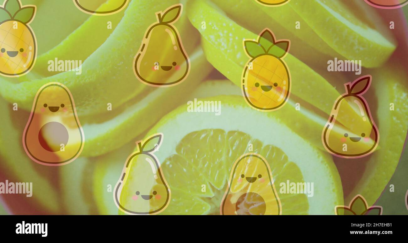 Illustration avec des fruits sur des citrons fraîchement tranchés Banque D'Images