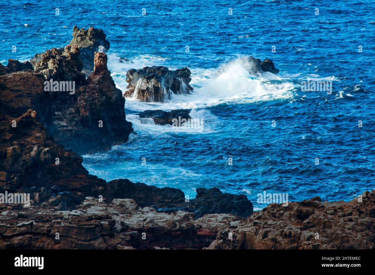 Vistas à flanc de falaise, littoral nord sauvage à Nakalele point, Maui, Hawaï Banque D'Images