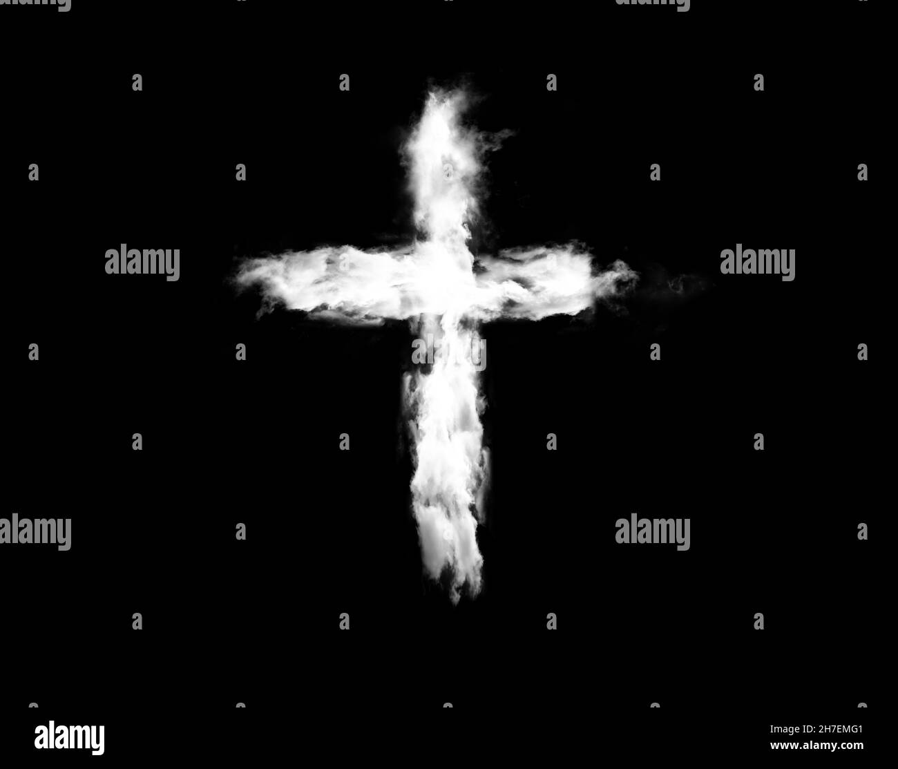 Croix de nuage blanc isolée sur fond noir.Forme de fumée d'une illustration de crucifixion Banque D'Images