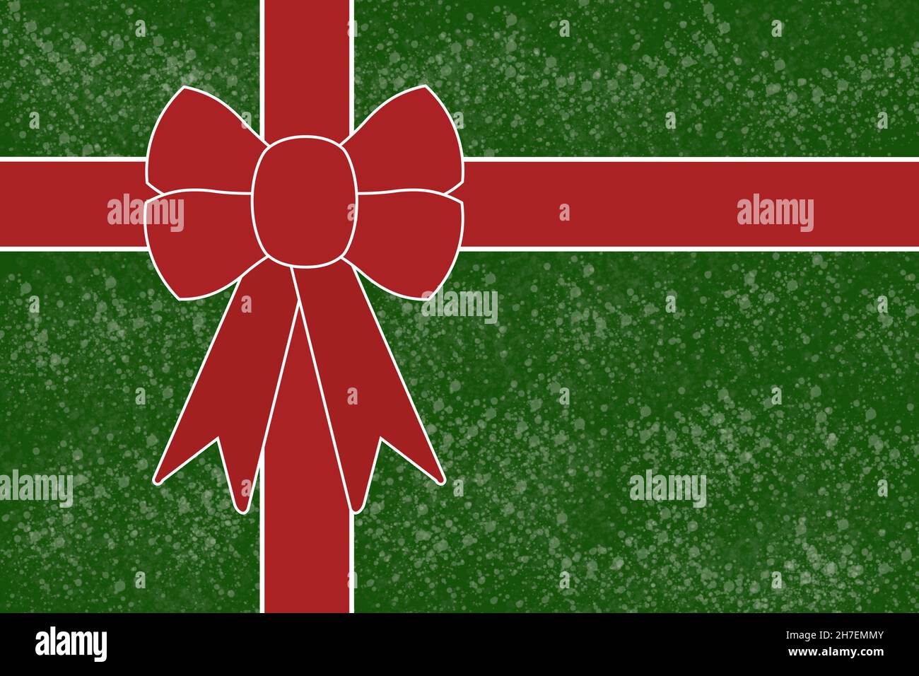 Texture représentant un cadeau enveloppé de papier vert avec une texture blanche et orné d'un ruban rouge et d'un noeud avec une bordure blanche. Banque D'Images