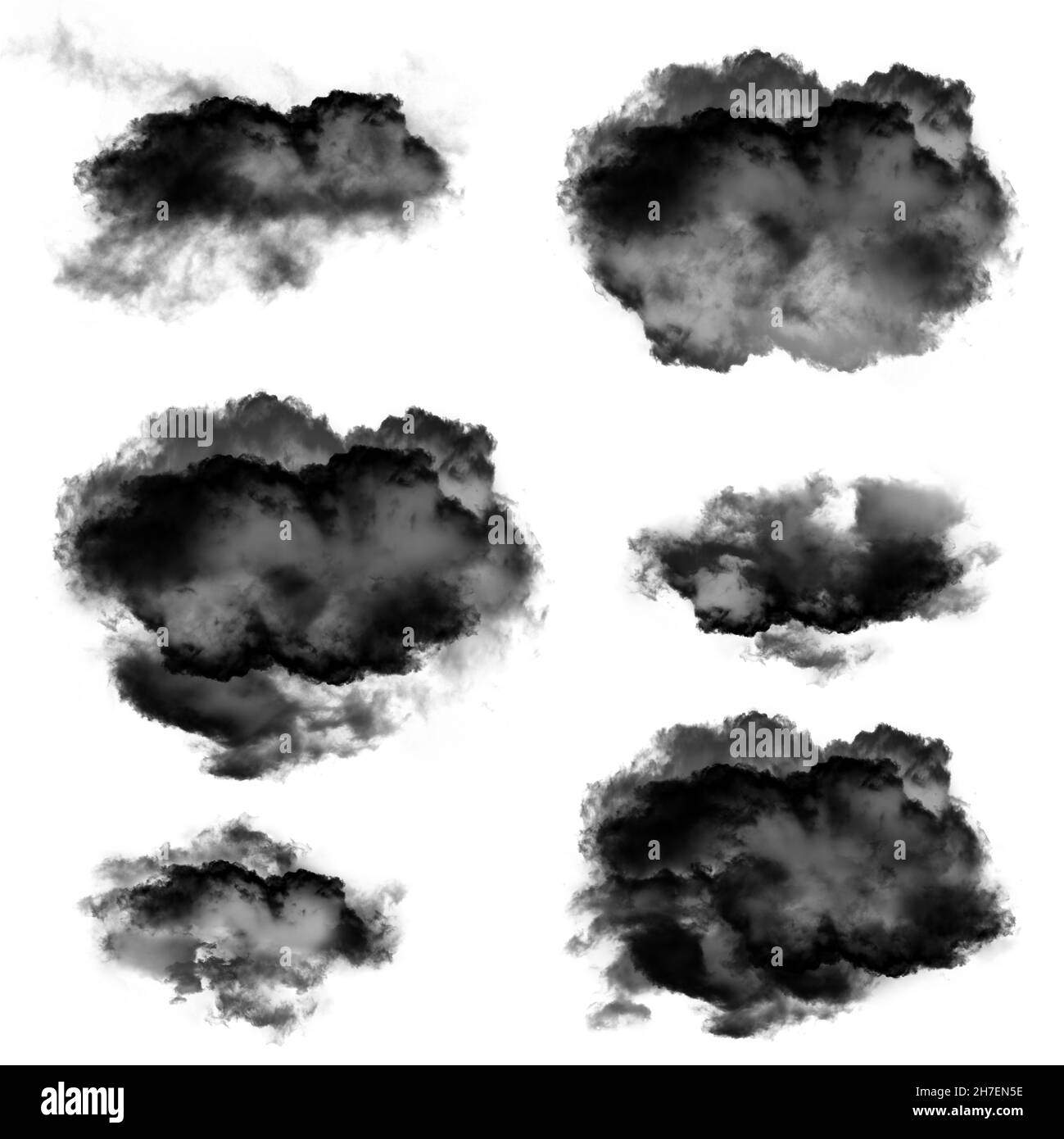 Nuages noirs de fumée isolés sur fond blanc illustration 3D, accumulation de saletés ou de formes de poussière, fumée naturelle provenant du rendu du feu Banque D'Images