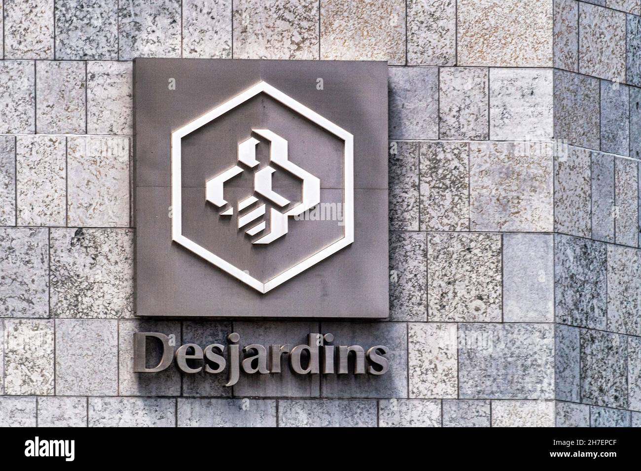 Logo ou signe du mouvement Desjardins qui est une société de services financiers.22 novembre 2021 Banque D'Images