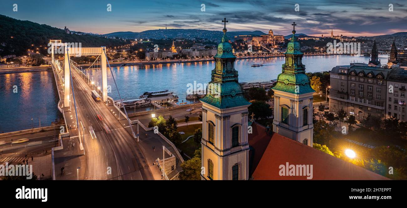 Budapest, Hongrie - vue panoramique aérienne de Budapest au crépuscule.Cette vue inclut l'église mère de l'intérieur de la ville de notre Dame de l'Assomption, Elisabeth BR Banque D'Images