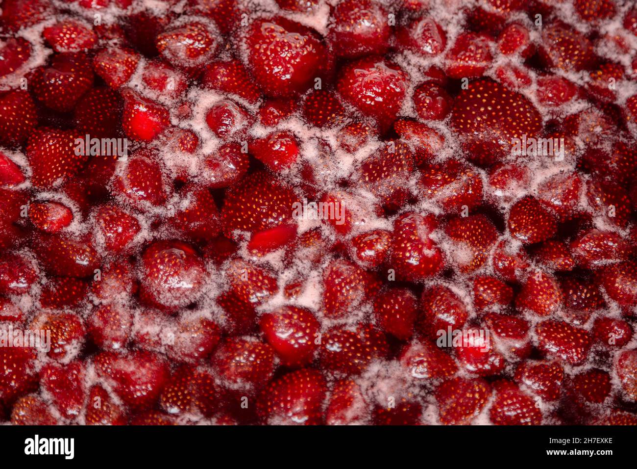 Processus de fabrication de confiture de fraises maison.Sirop doux rouge bouillant sur la cuisinière de près.La confiture de fraises a l'air très appétissante. Banque D'Images