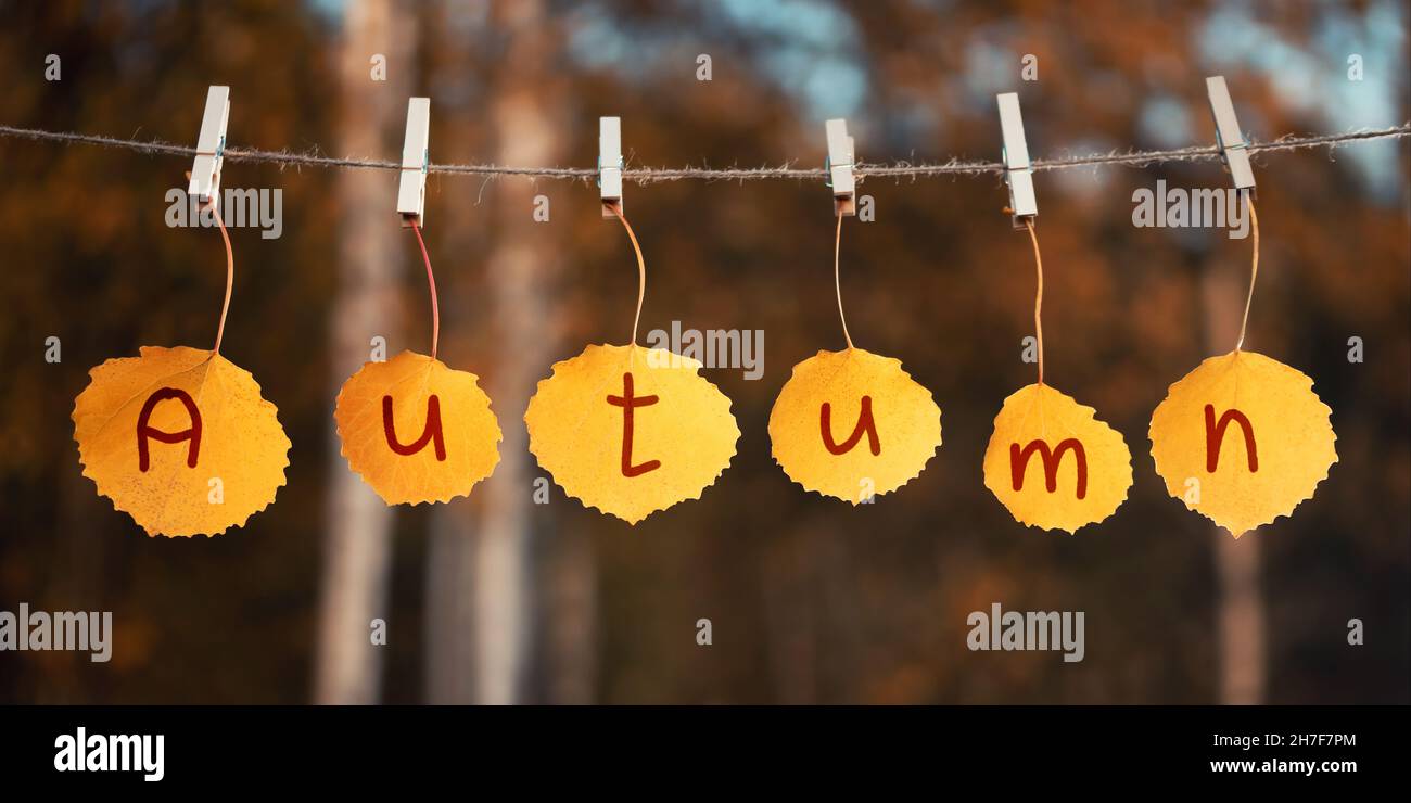 Le mot automne est écrit sur les feuilles d'automne suspendues de la corde.Concept d'automne. Banque D'Images