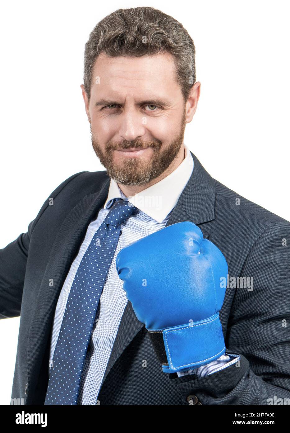Portrait de l'homme professionnel avec le visage heureux faire oui geste dans le gant de boxe, succès Banque D'Images
