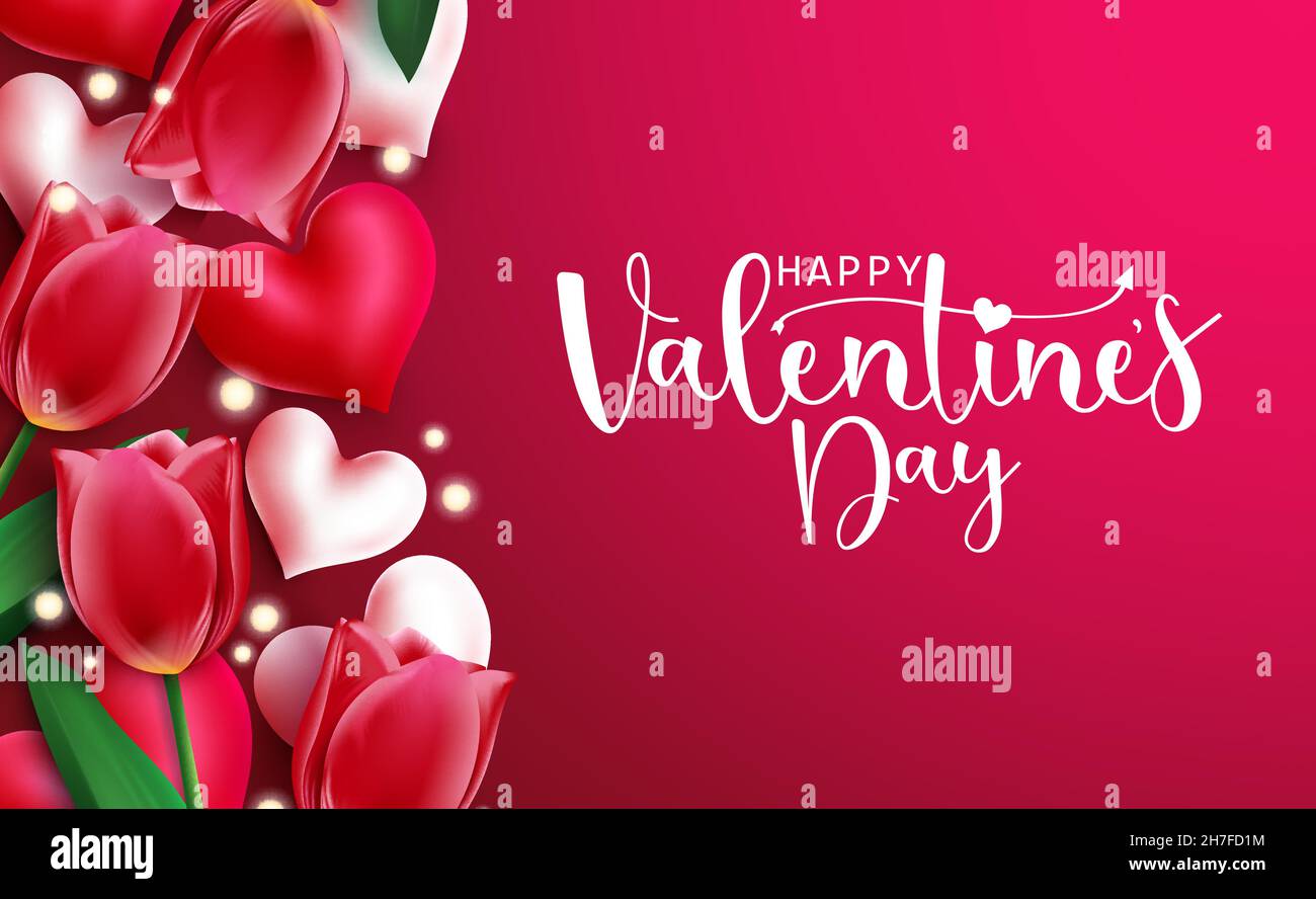 Modèle vectoriel de Saint-Valentin.Happy Valentin texte typographique avec des éléments de tulipes et de coeurs dans l'espace rouge pour célébrer l'amour salutation. Illustration de Vecteur