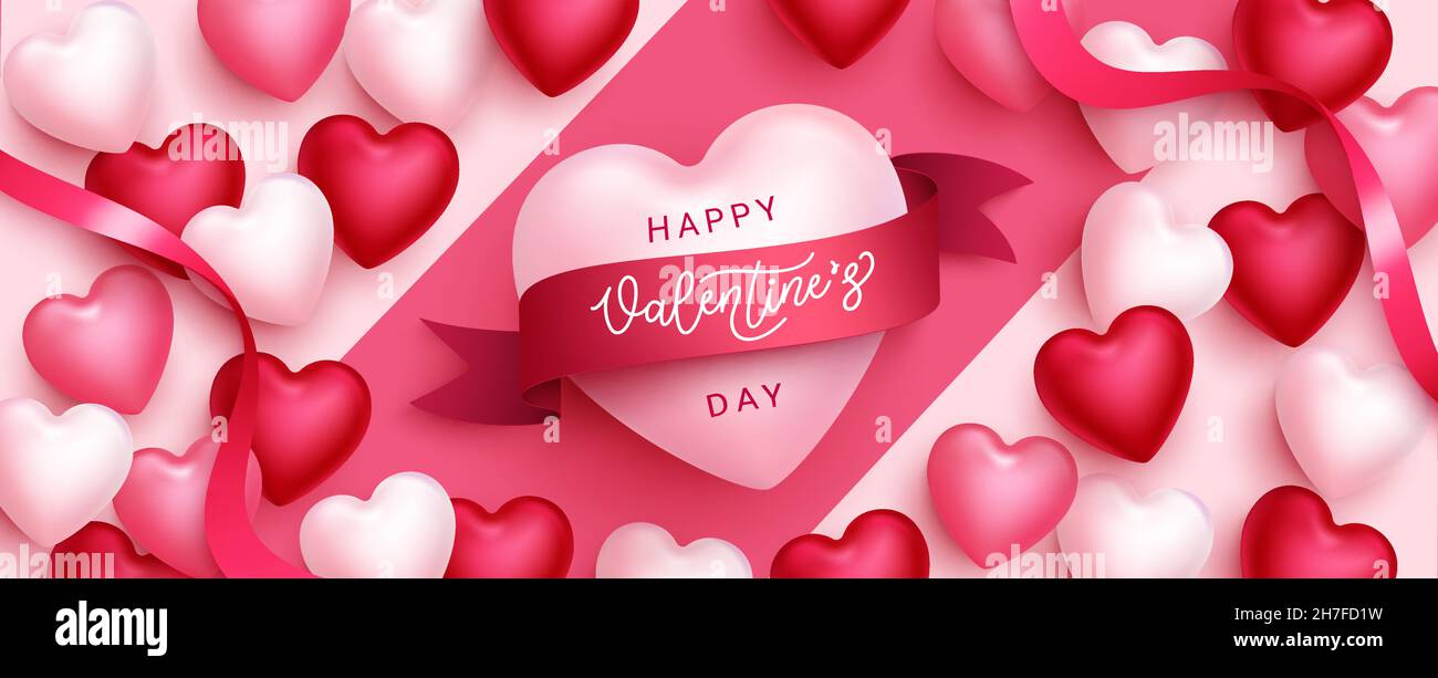 Motif coeur de Saint-Valentin vectoriel.Joyeux texte de bienvenue de Saint Valentin avec coeurs roses et éléments romantiques lasso pour la célébration de l'amour. Illustration de Vecteur