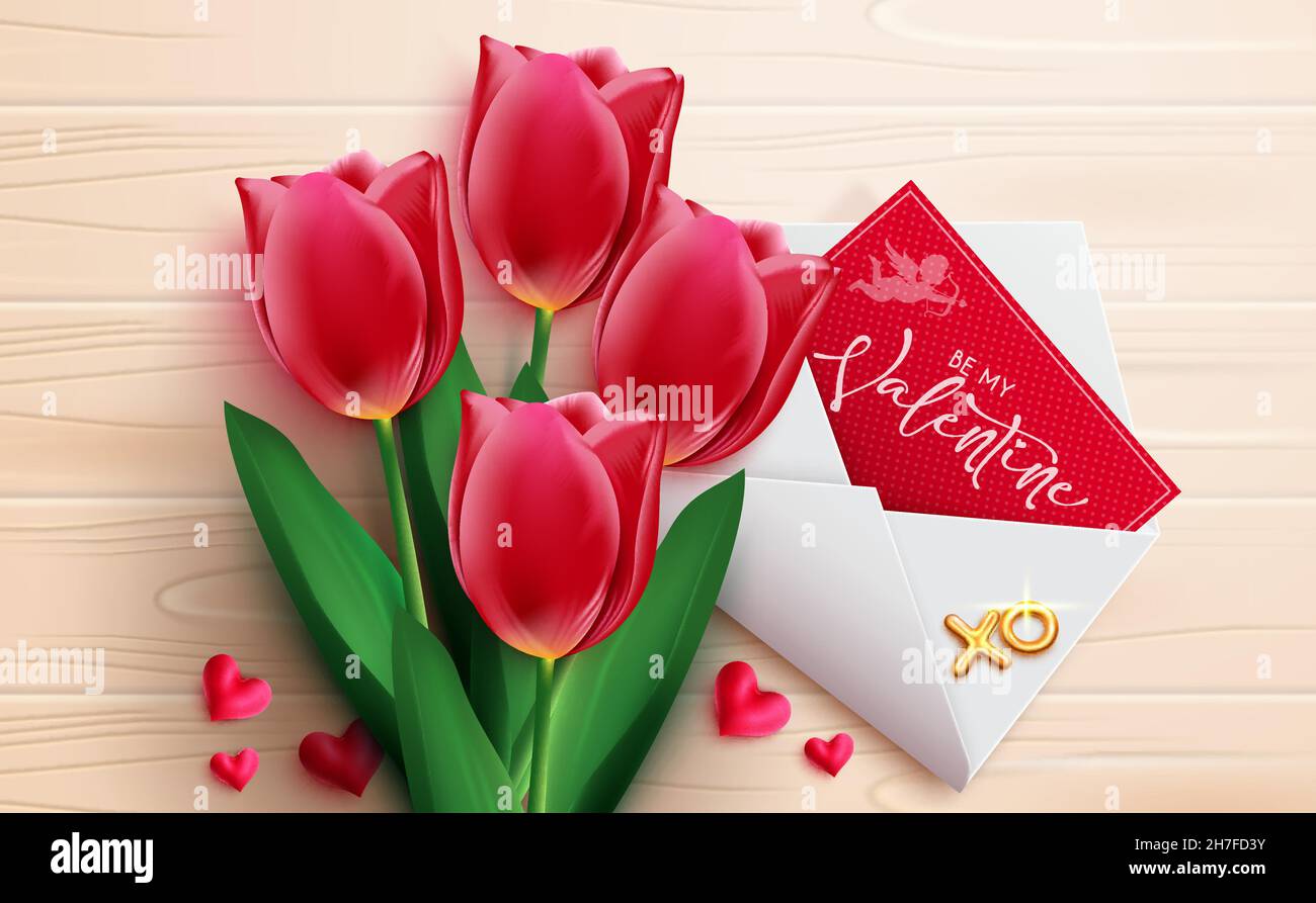 Motif vecteur de Saint-Valentin.Les éléments de la Saint-Valentin de tulipes bouquet et lettre d'invitation pour le cadeau romantique de coeur de jour et carte postale. Illustration de Vecteur