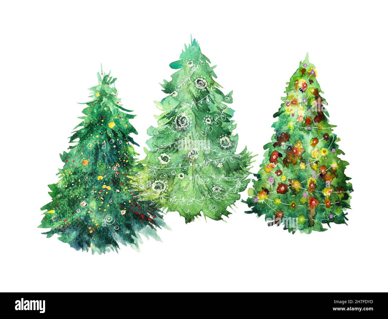 Trois arbres de Noël avec décoration de Noël aquarelle isolée sur fond blanc Banque D'Images