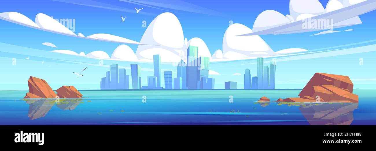 Lac ou rivière avec pierres dans l'eau et bâtiments de la ville sur la ligne d'horizon.Illustration vectorielle du paysage marin avec gratte-ciel à l'horizon et oiseaux volants.Arrière-plan avec la ville sur l'île Illustration de Vecteur