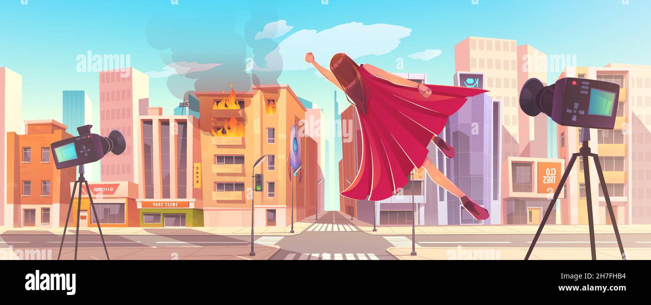Une femme super-héro s'envole dans un bâtiment en feu dans la rue de la ville.Illustration vectorielle de la superfemme en cape rouge volant dans la posture du héros, maison brûlante et caméras de cinéma sur les trépieds.Actualités ou cinéma Illustration de Vecteur