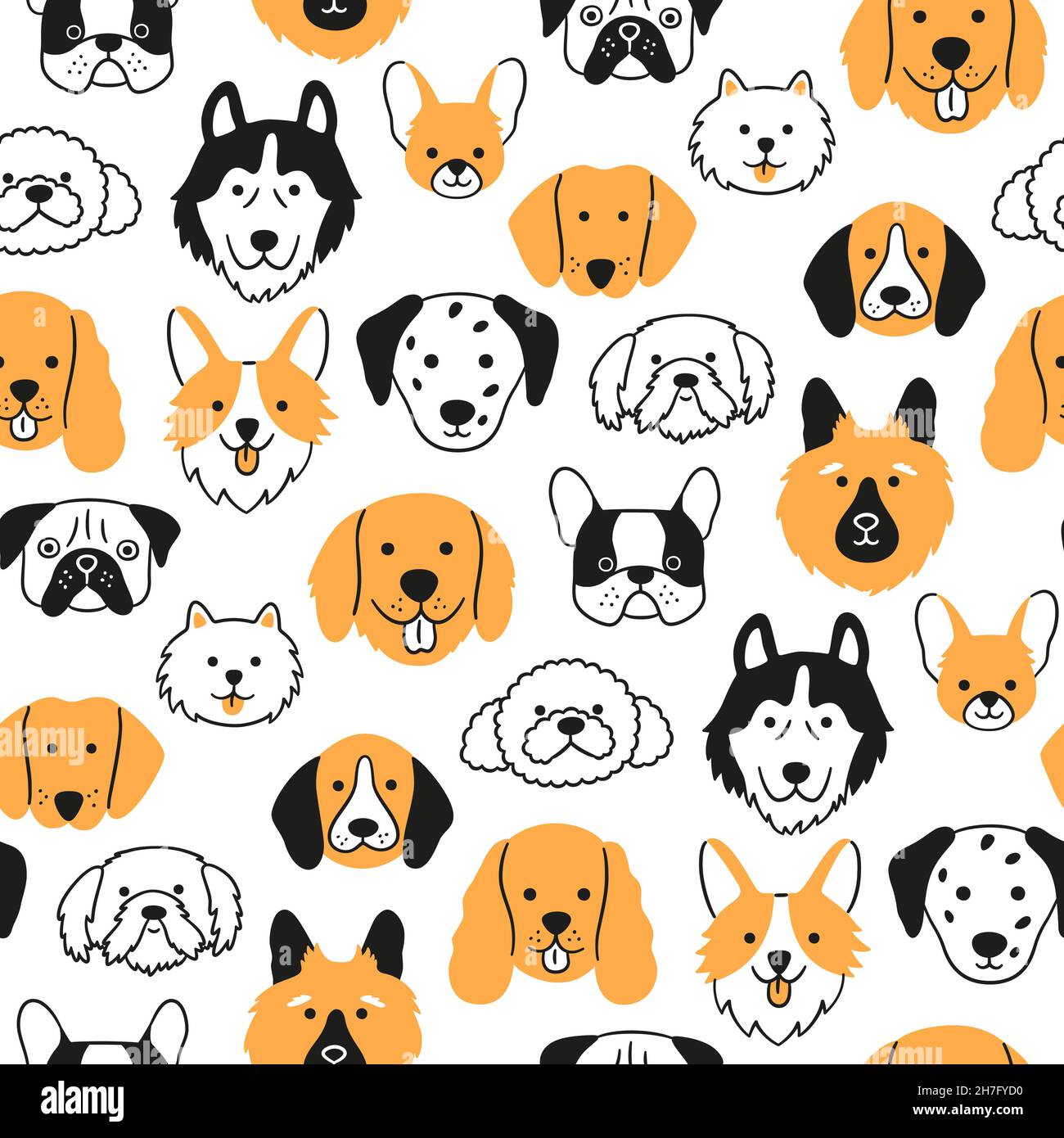 Motif sans coutures pour le chien.Têtes dessinées à la main de différentes races de chiens.Corgi, Pug, Chihuahua, Poméranie, Espagnol,Husky et Dachshund.Dessiné à la main Illustration de Vecteur