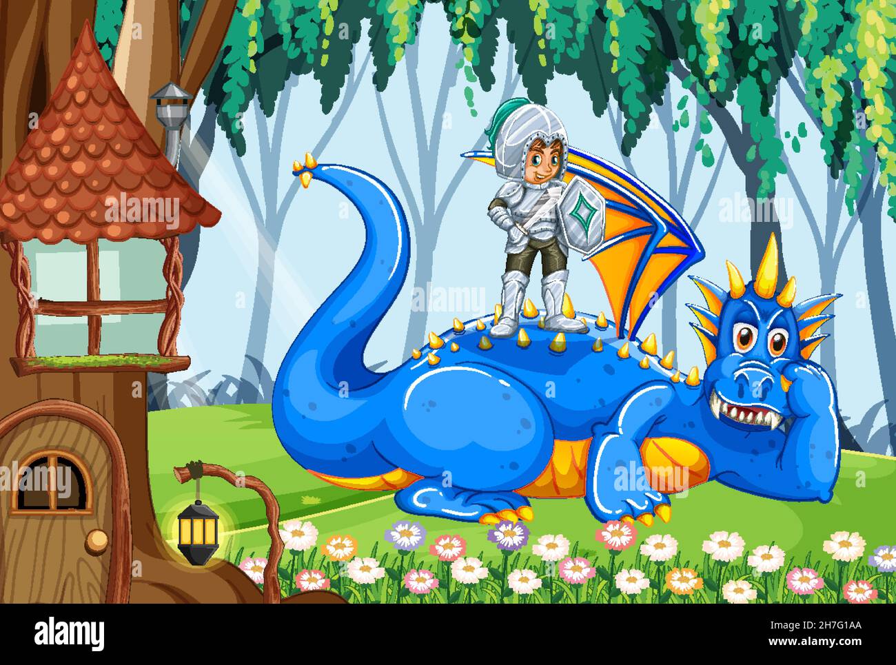 Dragon et chevalier dans une illustration de fond de forêt enchantée Illustration de Vecteur