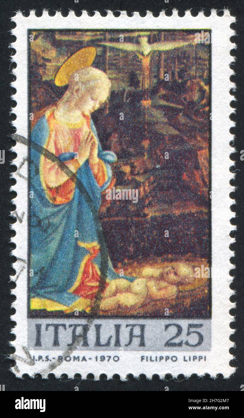 ITALIE - VERS 1970: Timbre imprimé par l'Italie, montre Vierge à l'enfant par FRA Filippo Lippi, vers 1970 Banque D'Images