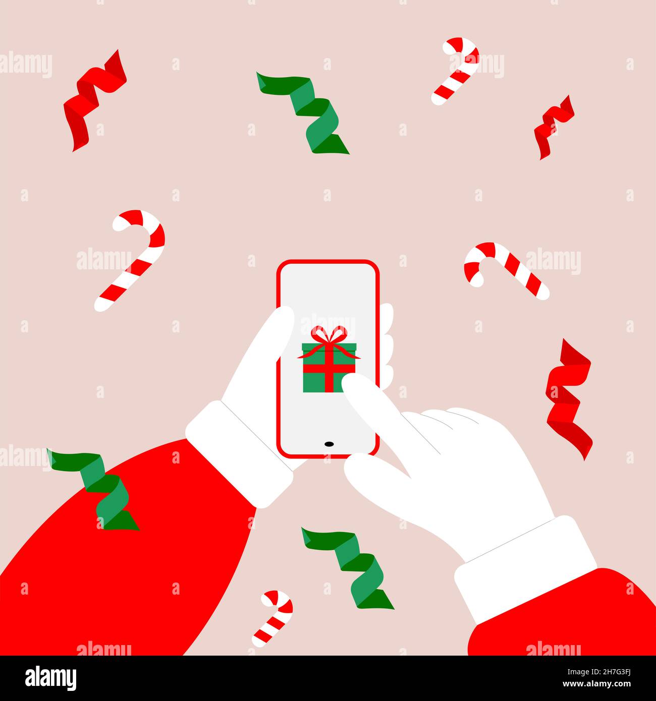 Le Père Noël choisit des cadeaux en ligne via une application sur son  smartphone.Le concept de la préparation pour le nouvel an et  Noël.Rechercher et acheter des cadeaux en ligne Image Vectorielle