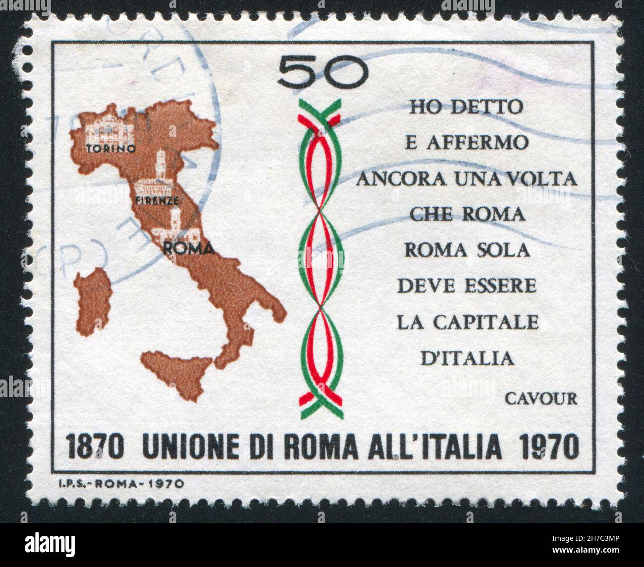 ITALIE - VERS 1970: Timbre imprimé par l'Italie, montre la carte de l'Italie et la citation du Comte Camillo Cavour, vers 1970 Banque D'Images