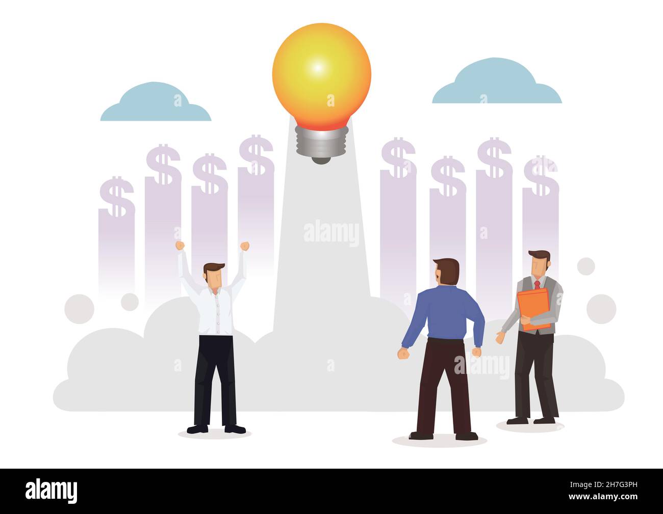 Ampoule s'ouvrant dans l'espace sur fond blanc entouré d'hommes d'affaires.Démarrage du projet et processus de développement réussi.Produit innovant, cre Illustration de Vecteur