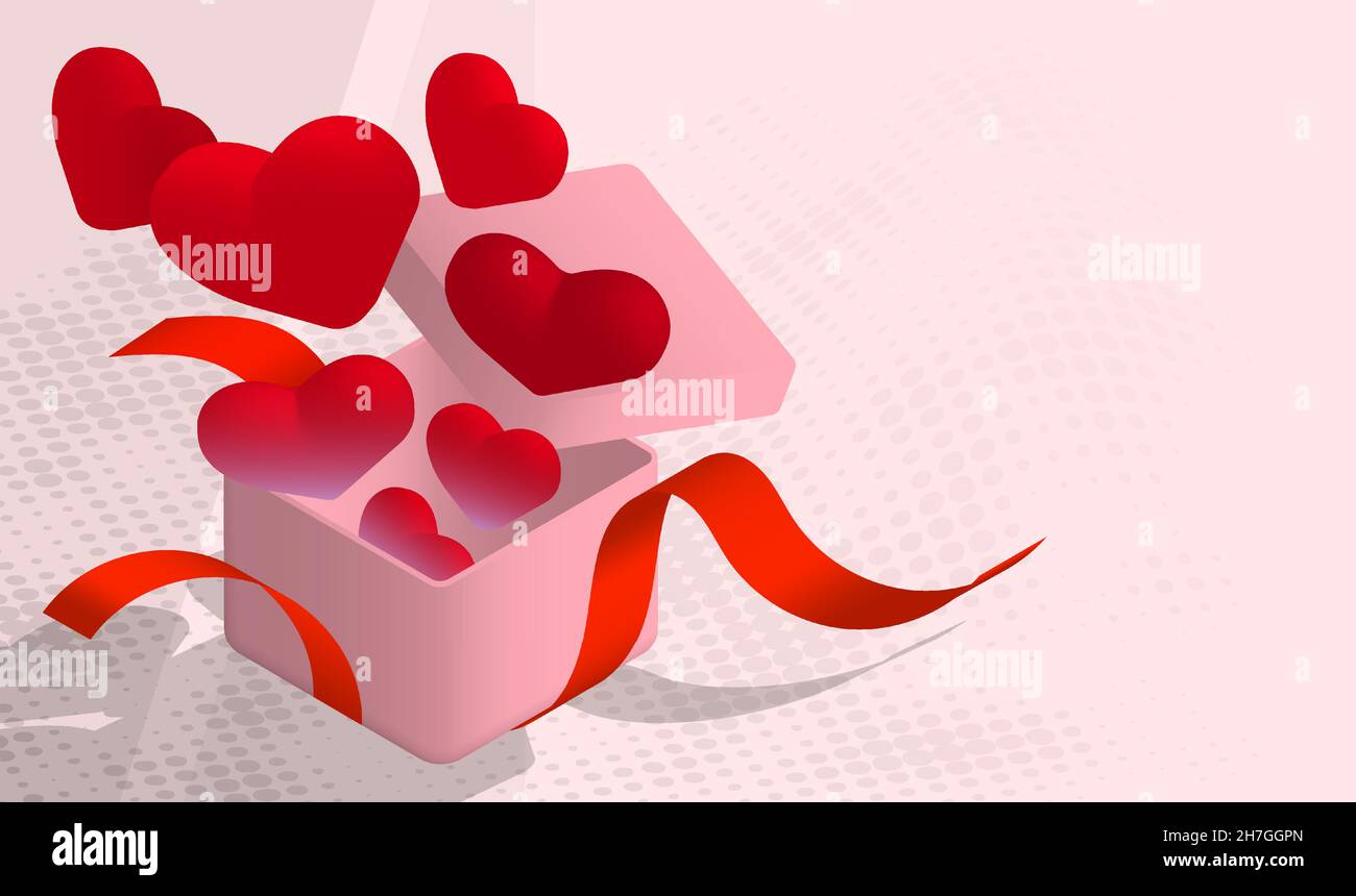 Des ballons rouges en forme de cœur sortent de la boîte cadeau des fêtes.Cadeaux et surprises pour la Saint-Valentin.Vecteur 3D réaliste isométrique Illustration de Vecteur