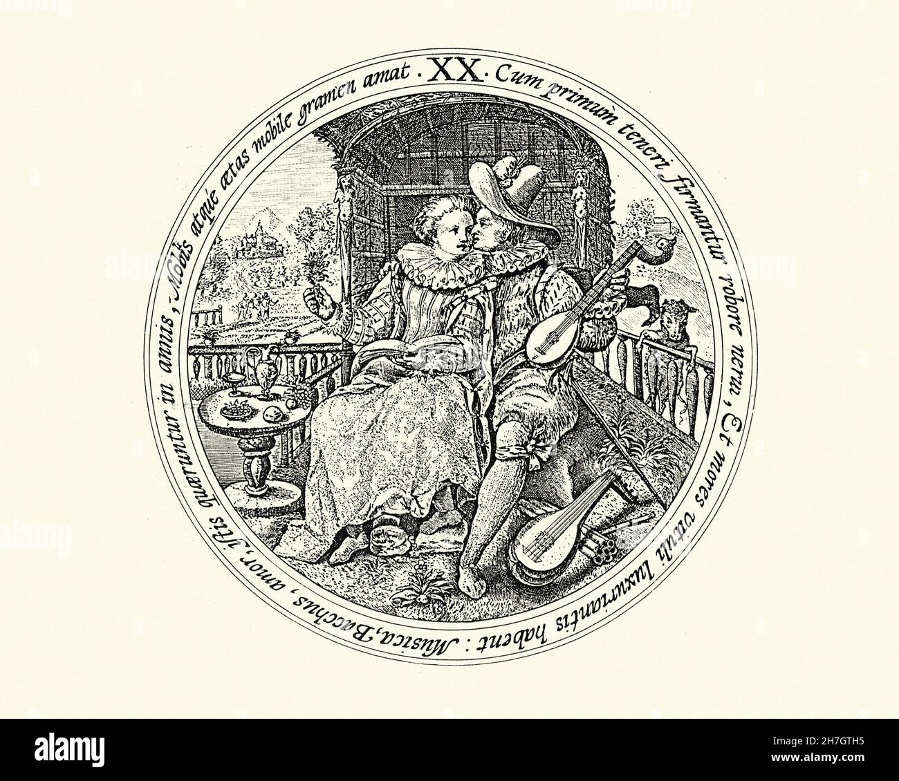 Musique et Bacchus, les alliés de la séduction, gravure hollandaise, XVIIe siècle Banque D'Images