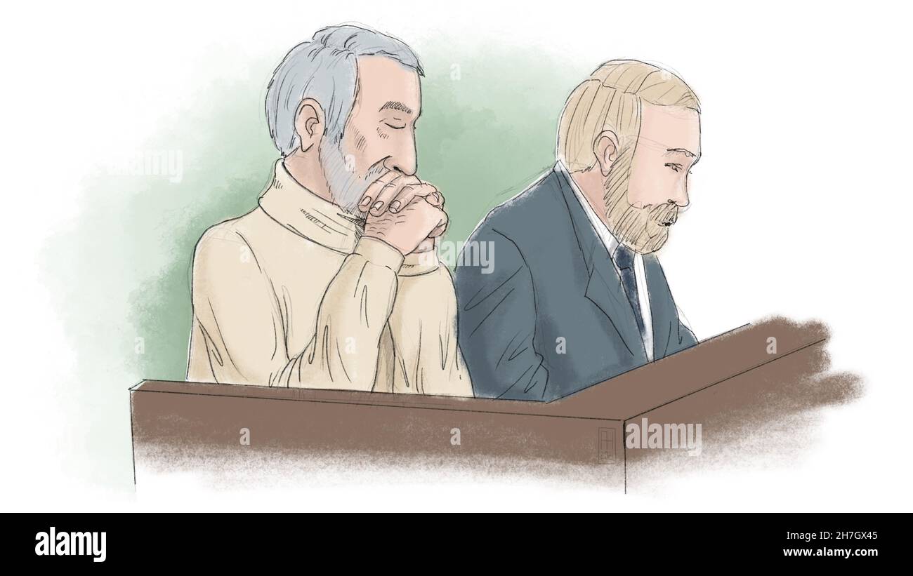 STOCKHOLM 20211123 le crime de guerre a accusé Hamid Noury et l'avocat Thomas Soderqvist au tribunal de district de Stockholm.Noury est soupçonné de crimes de guerre en relation avec des milliers d'exécutions en Iran.Illustration: Anders Humlebo / TT ** SUÈDE OUT ** Banque D'Images