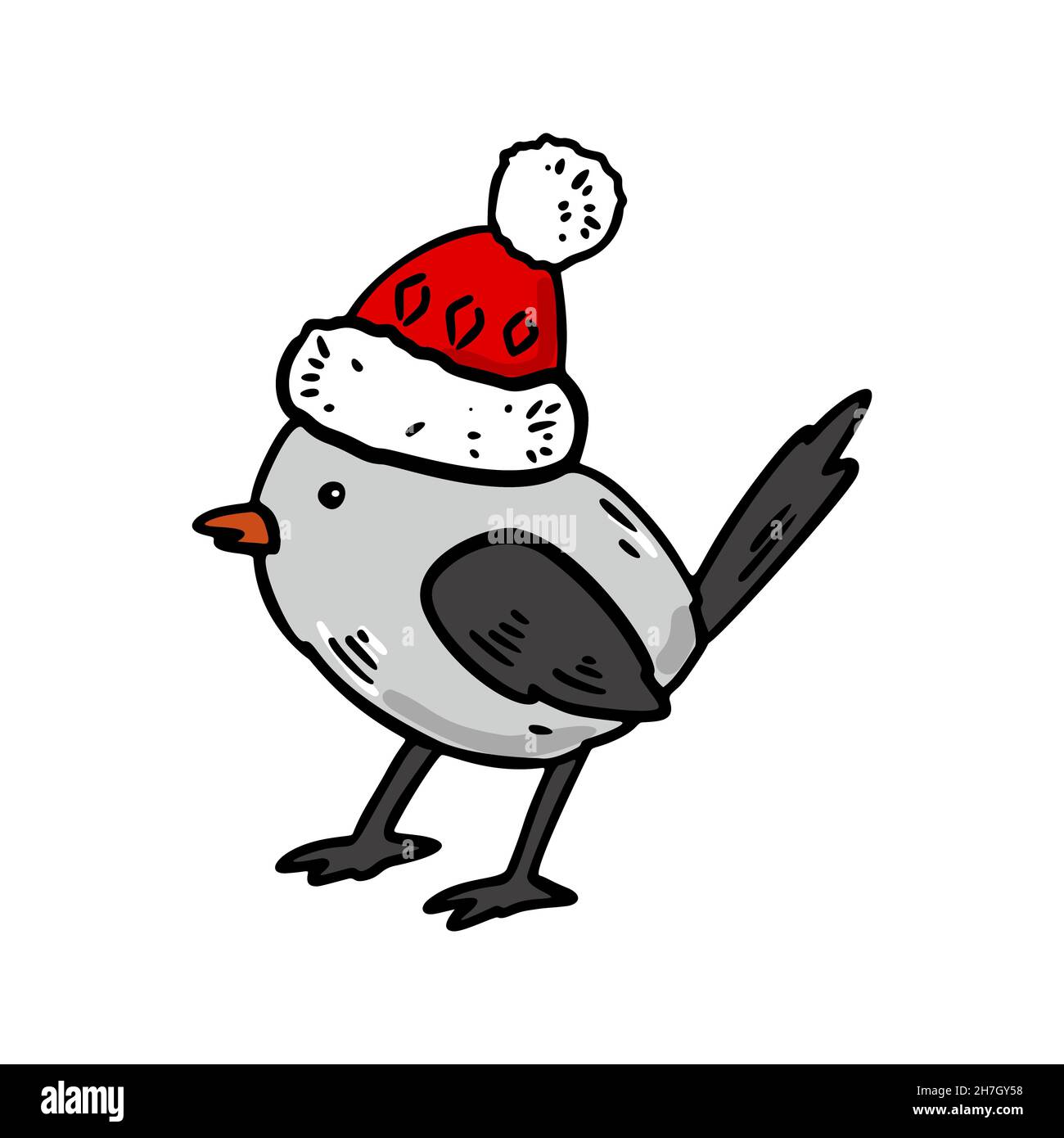 Oiseau dessiné à la main dans un chapeau d'hiver rouge.Illustration vectorielle Illustration de Vecteur