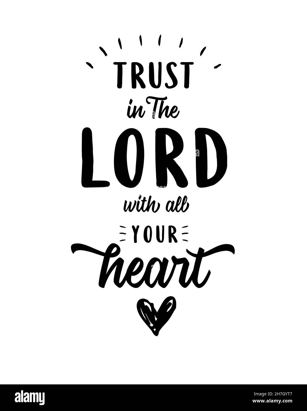 Faites confiance au Seigneur avec tout votre coeur - vecteur chrétien emblème biblique de Proverbes avec des rayons de lumière et le coeur Doodle icône Illustration de Vecteur