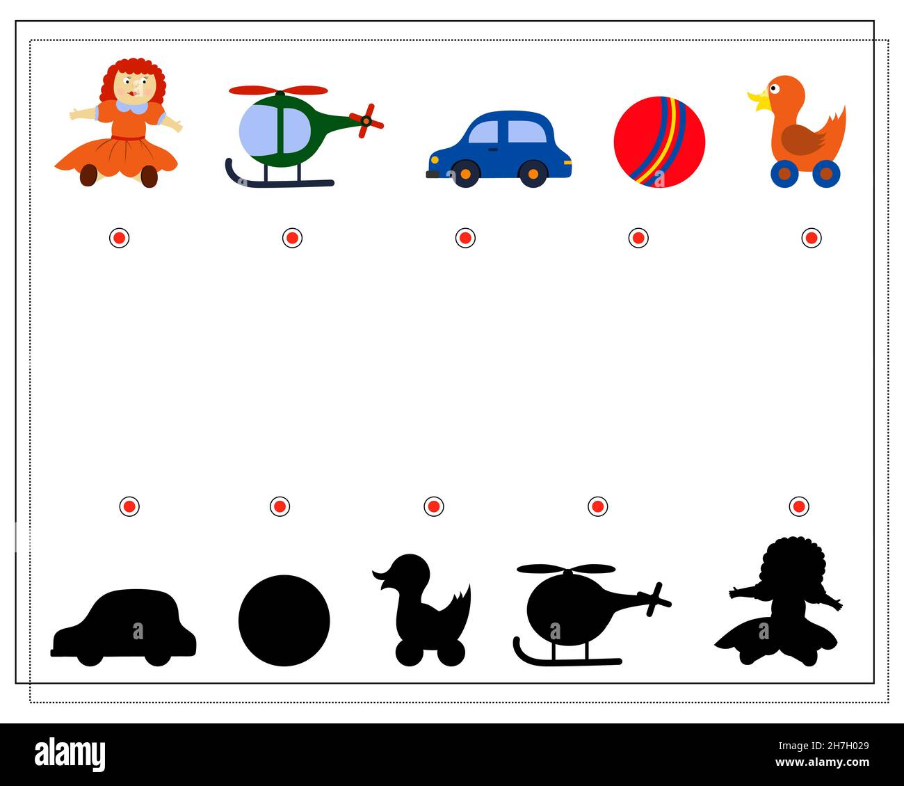 Jeu logique pour enfants, trouvez l'ombre droite. Jouets pour enfants, poupée, balle, voiture. Vecteur isolé sur fond blanc Illustration de Vecteur