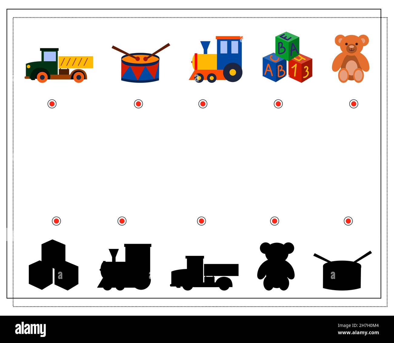 Jeu logique pour enfants, trouvez l'ombre droite. Jouets pour enfants, ours en peluche, cubes, voiture, train. Vecteur Illustration de Vecteur