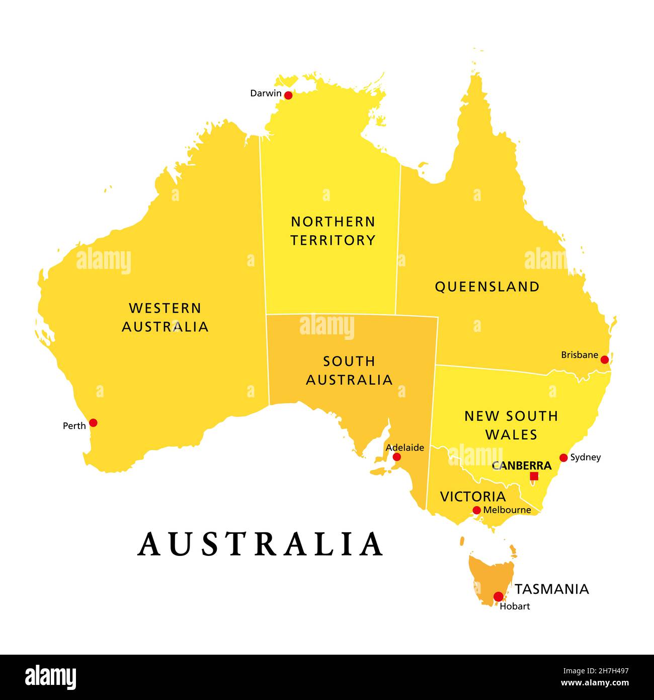 Australie, carte politique, avec la capitale Canberra, Etats et territoires administratifs.Le Commonwealth d'Australie, un pays et un continent. Banque D'Images